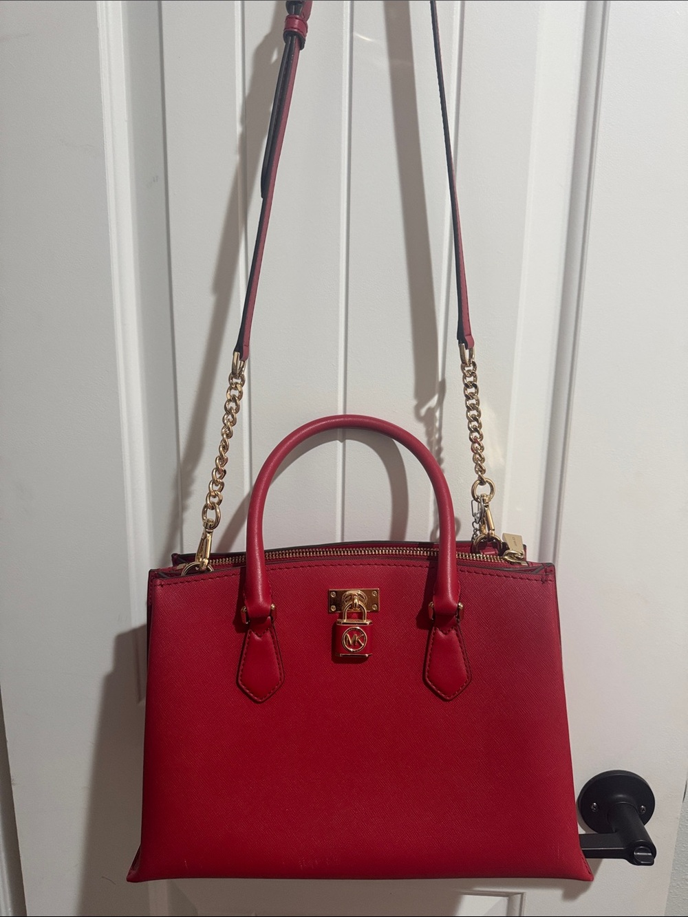 Red Leather Structured Satchel Bag with Gold Hardware
